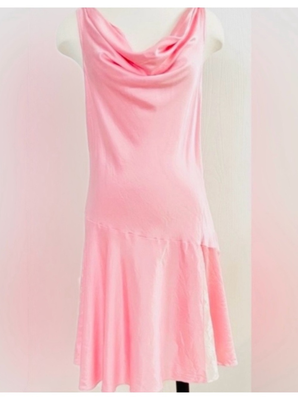 LoveShackFancy Lionel Pink Cowl Neck lace-trimmed silk Mini Dress Size 14 - Picture 1 of 13